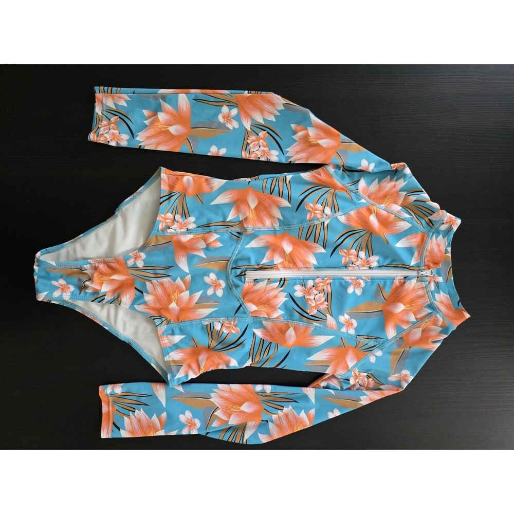 Tropical Floral Long Sleeve Zip Rash Guard One Piece Swim Surf Boarding Orange S
